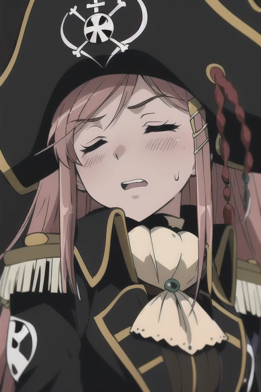 masterpiece, best quality, 1girl, detailed face and eyes, big breasts, cleavage, Katou Marika, close-up, (black pirate costume), (black pirate hat), looking at the viewer, aroused facial expression, closed eyes, open mouth, teeth, blush, sweat,   (simple dark background), view from below
