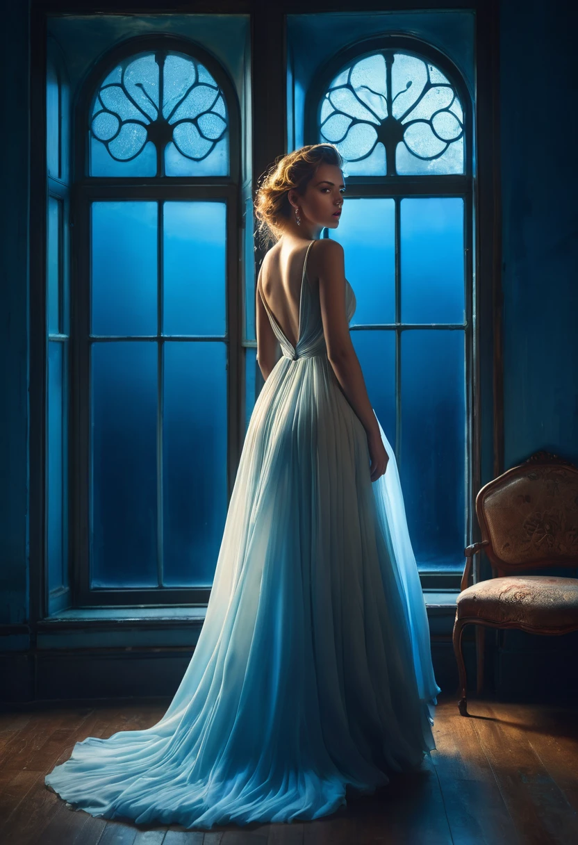 arafed woman in a dress standing in front of a window, half-turned lady in evening gown, flowing gown, wearing a flowing dress, mysterious woman, haunting beautiful young woman, wearing a white flowing dress, flowing dress, woman in dress, extremely moody blue lighting, miss aniela, standing in a dimly lit room, wearing a magnificent dress