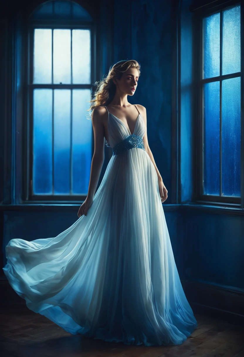 arafed woman in a dress standing in front of a window, half-turned lady in evening gown, flowing gown, wearing a flowing dress, mysterious woman, haunting beautiful young woman, wearing a white flowing dress, flowing dress, woman in dress, extremely moody blue lighting, miss aniela, standing in a dimly lit room, wearing a magnificent dress