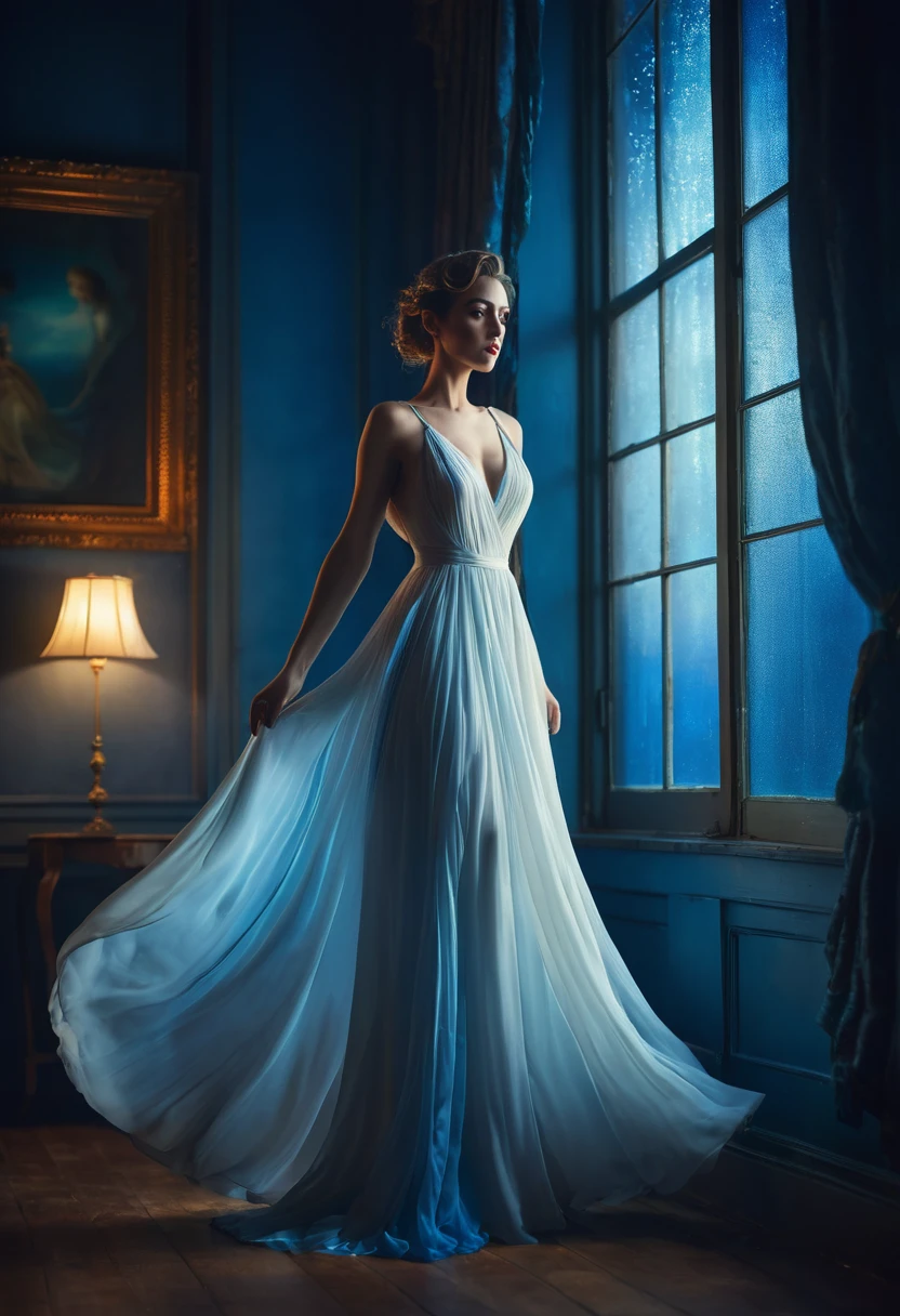 arafed woman in a dress standing in front of a window, half-turned lady in evening gown, flowing gown, wearing a flowing dress, mysterious woman, haunting beautiful young woman, wearing a white flowing dress, flowing dress, woman in dress, extremely moody blue lighting, miss aniela, standing in a dimly lit room, wearing a magnificent dress