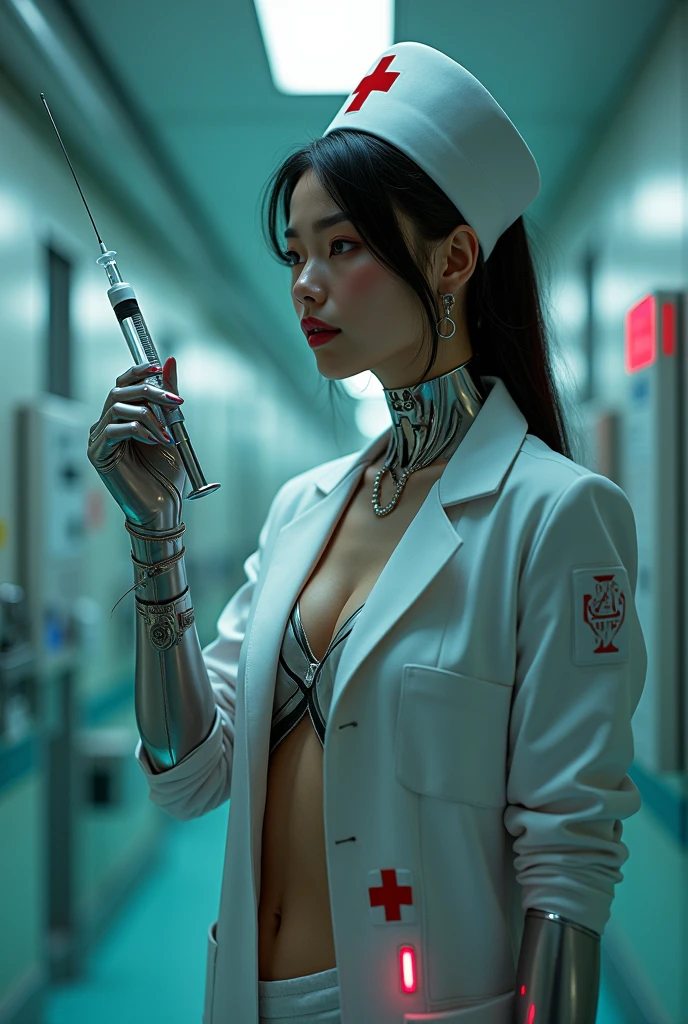 naked body,cyberpunk Hospital, Working in a hospital with the most advanced technology、A very stylish and beautiful female cyborg nurse, (holding a big syringe_With your arms raised above your head, armpit exposure: 1.7), ((Nurse uniform exposed, Nurse&#39;s hat and red cross symbol: 1.7)), Complex Machinery Parts, Glowing cybernetic enhancements, perfect skin, delicate facial features, beautisaturatedy detailed eyes, pointed nose, saturated, beautisaturatedy detailed lips, long eyelashes, very detailed eyes and face, muscular, Perfect and ideal proportions, big, tight waist, big ass, fascinating look, Six-pack, navel, Tattoo, Shadowless Light, Moody yet dynamic atmosphere, dramatic lighting, structure of the film, vivid colors, Sophisticated futuristic armor, Elegant Pose, piercing, (best quality, 4K, 8k, high resolution, masterpiece: 1.2), very detailed, (realistic, realistic, realistic: 1.37), Complex machinery, advanced technology, Dynamic action, dramatic shadows, movie angle, Intense expression, dramatic lighting, Neon Highlights, complex pattern, Future-proof environment, very detailed faces, structure of the film, dynamic pose, A tense atmosphere, rich colors, Advanced Weapons, cyberpunk, sf, digital art, Mecca,