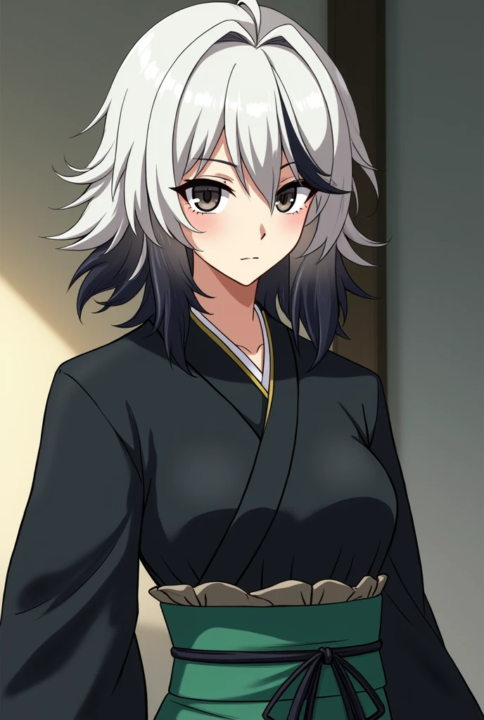 An anime character that has white scissor seven style hair with a tuft style with black and brown around the version with black and green colors with a black-green kimono around with black and white eyes around the iris medium-long hair of black and brown around the version with that looks nice that looks good with black shoes that looks seriously elegant and that looks older than about twenty-five years old