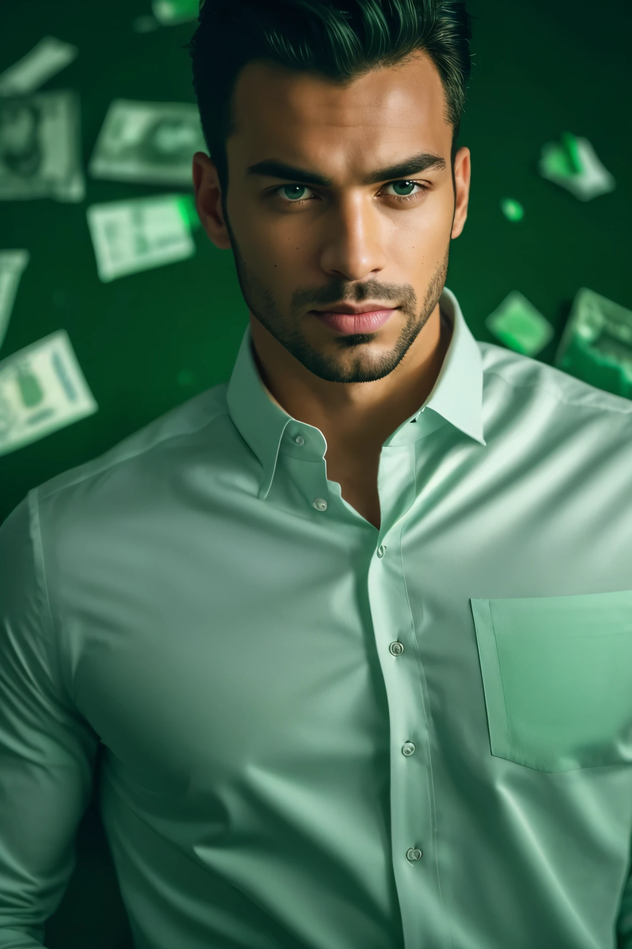 chris who(:0)Closeup of face, facial focus, shirt, formal, lasts, collared shirt, white shirt, jacket,
green lasts, Dollars, money, Accounts, green bills flying,
Best Quality, masterpiece, HdR, professional, study quality, High resolution,