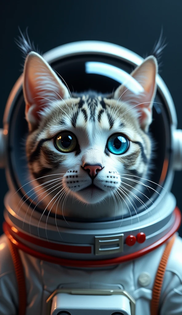 Photographic Reality Cat astronaut couple Cat in a spaceship (Space and astronaut cat:1.2) (Disheveled silver hair:1.1) (Heterochromia、Black and white cat、blue eyes:1.2) (Space Helmet:1.0) (Colored stars in my eyes:1.0) (Shining Sparkle:1.1)