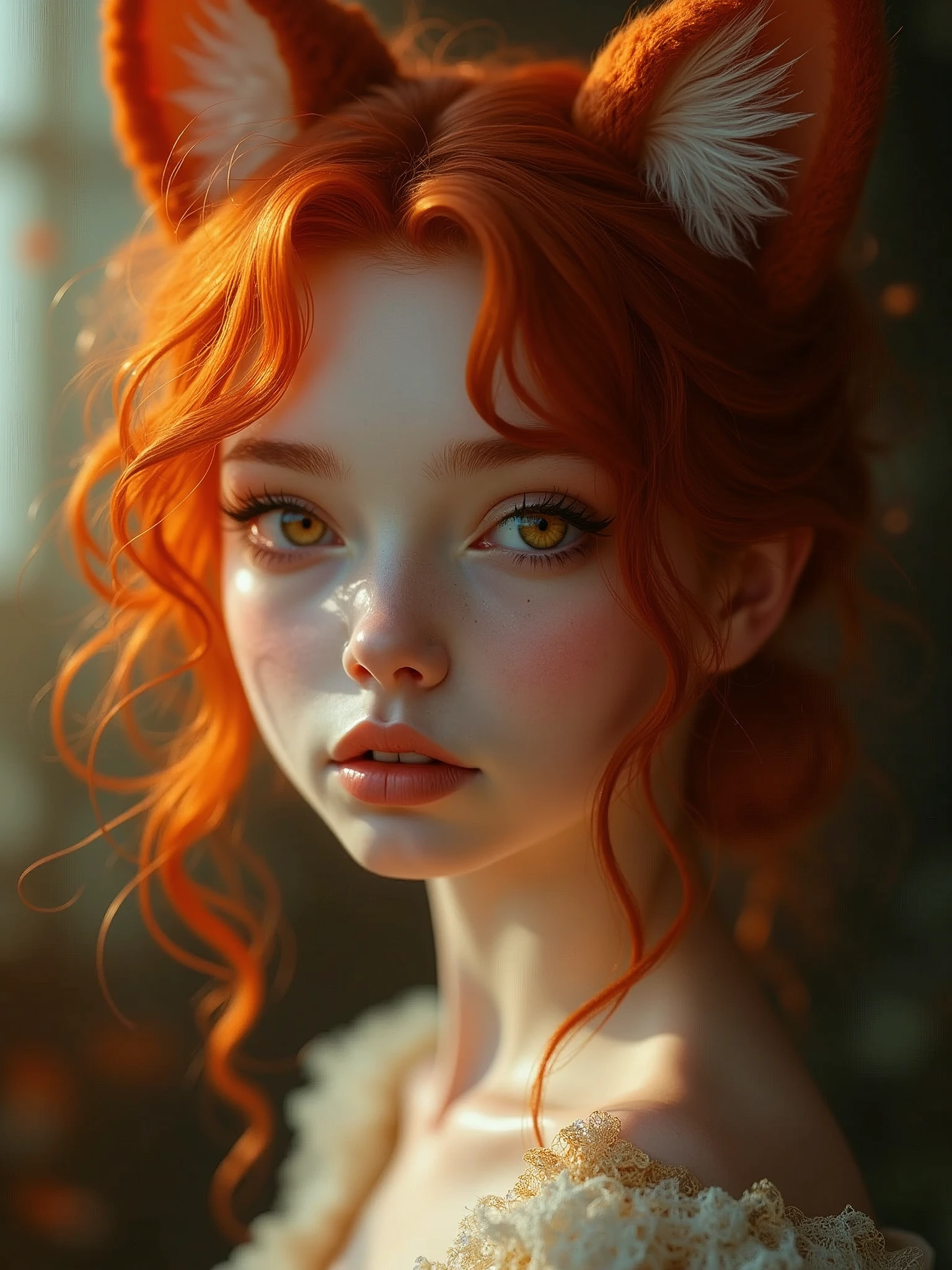 a woman with red curly hair posing for a picture, anthro wolf face, lovely dark autumn princess, color palette is dark orange, human cat hybrid, softfocus, fluffy ears, young lynx, photo of the girl, with white skin, 3/4 portrait, mana, playful