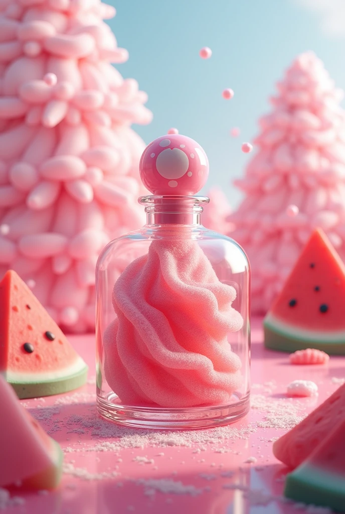Watermelon and candy perfume, jar with cloud and candy world design