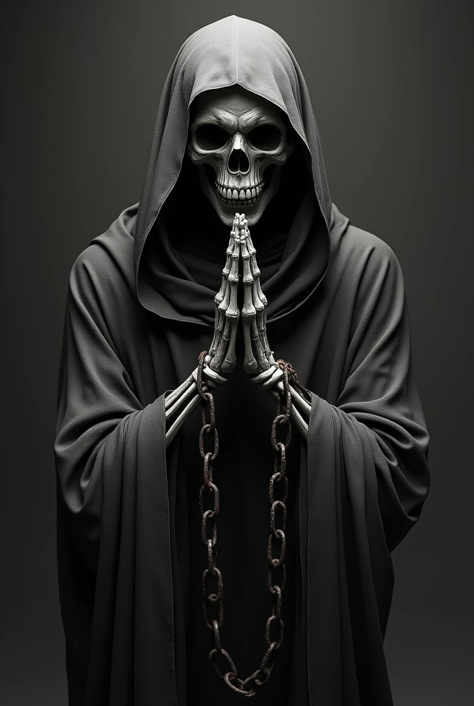 Skeleton holding hands in prayer, wearing a cult-like robe, with a chain on one hand. Medium close-up, black tone, dark background, aspect ratio 1.:1