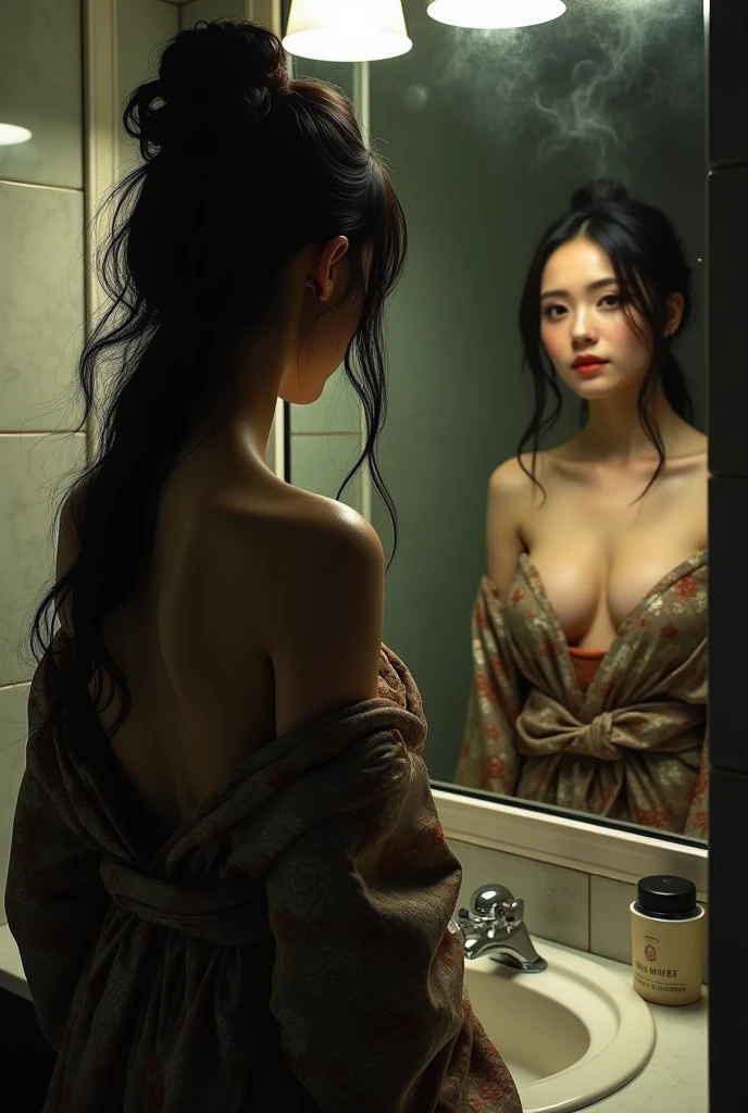 Seductive Japanese woman in bathroom in front of mirror