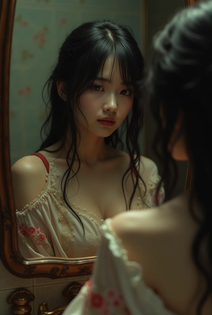 Seductive Japanese woman in bathroom in front of mirror