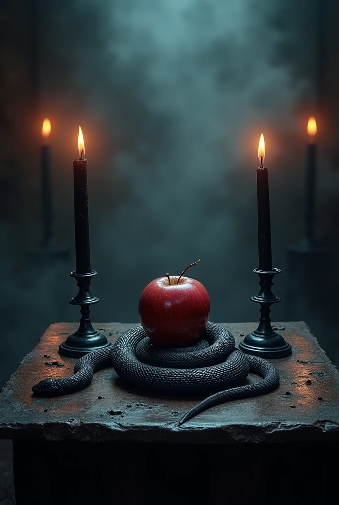 An altar with black candles. On the altar a coiled black snake, in front of the snake a red apple.
