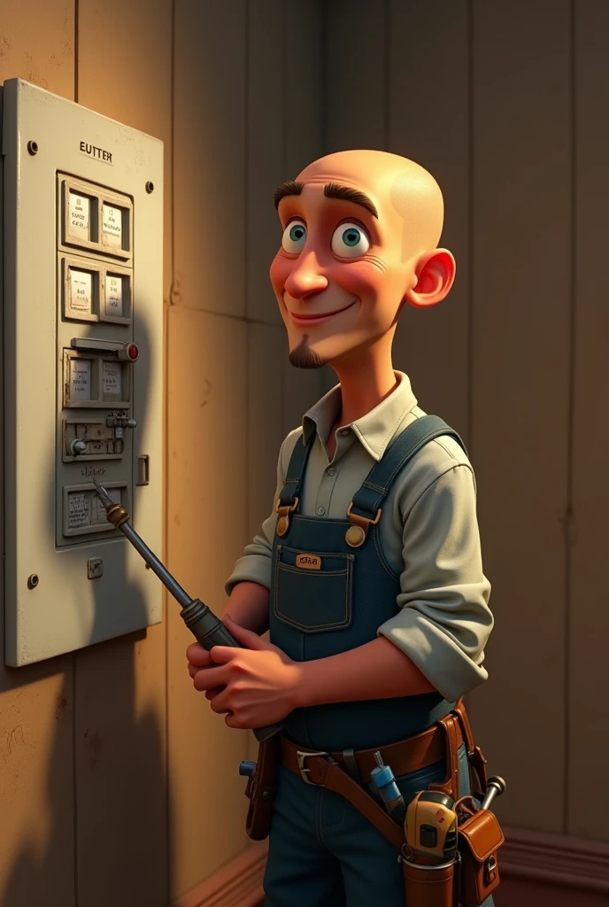 Pixar and Disney style, electrician, 1900s, with a shaved head and face, near the switchboard, в униформе electricianа, screwdriver and pliers, in the apartment where renovations are taking place, full height, Nearby is a work bag with power tools,