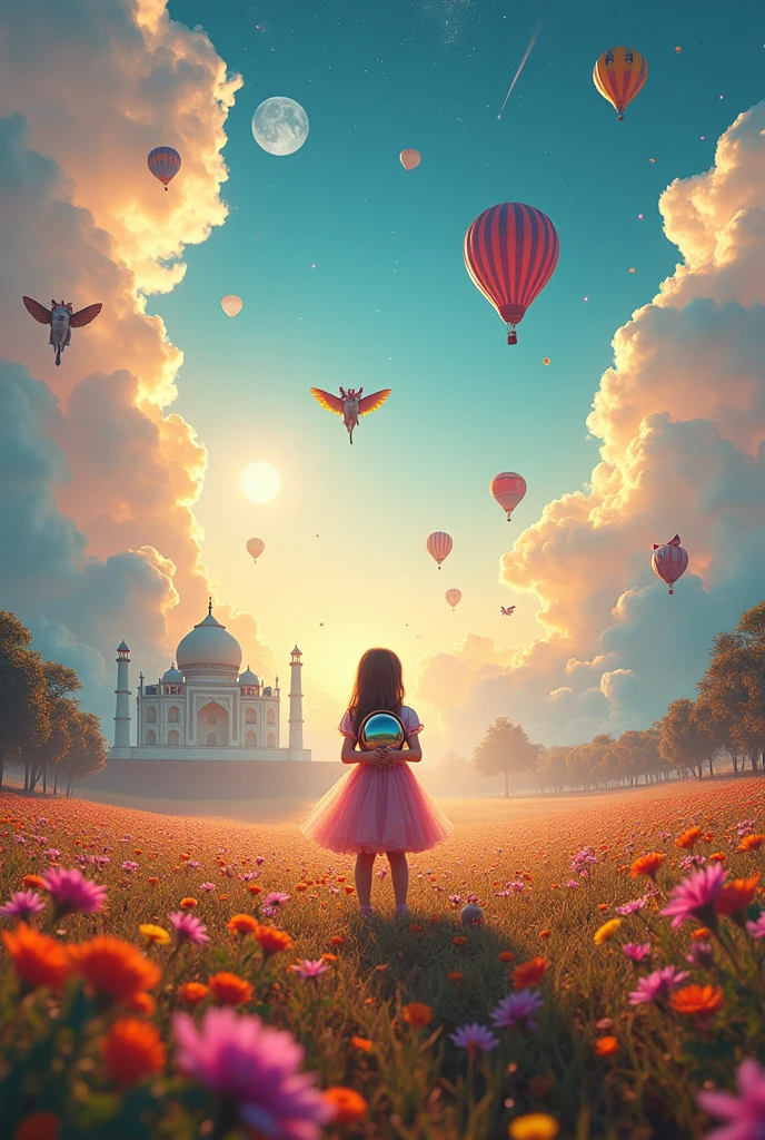 Vast landscape photography , (A view from Top, floating clouds above and the North Indian wide fields below), A girl standing in a flower field looking up, she is holding an Astronaut Mask, surrounded by colorful hot air balloons, (Elephants with butterfly wings: 2.2), (Clowns with big Hat: 2.2), (A small Pet Dog walking with the girl: 2.3), (full fantasy glowing Moon:2.2), (Taj Mahal:2.1),(Kutub Minar:1.2)( shooting star:0.9), (nebula:1.3), Distant Mountain, Tree break Production Art, (Warm light source:1.2), (fire Fly:1.2), lamp, Lots of purple and orange, Intricate details, Volumetric lighting, Realism Break (masterpiece:1.2), (highest quality), 4K, Super detailed, (Dynamic configuration:1.4), Very detailed, Colorful details,( Rainbow-colored:1.2), (Shining Lights, Atmospheric lighting), dream-like, Magic, (alone:1.2), Detailed girl happy face