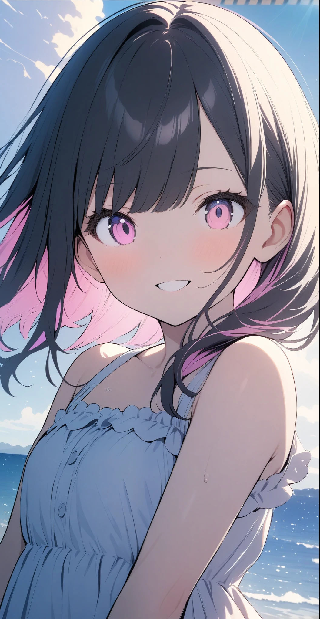Two s, ((Sexy luxury in red and pink))、(blonde、Light purple inner color hairstyle), Beautiful Hair, Facial Contour, Remember, Ocean, sunlight、splash, Lens flare,, Natural Color, High resolution, Very delicate, Very detailed, 8k,(Breast swelling、About B cup)、(Shyness),((Sexual))、smile、(Sexualな画角)、(((Two Girls)))、((Black hair color、Pastel color inner color hairstyle))