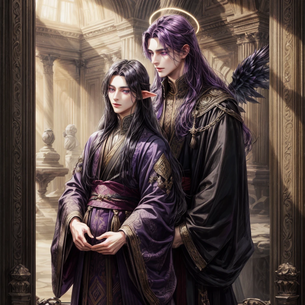 A man with dark long hair, dark purple eyes, long ears have a dark wings, wear an ancient clothes, and wear a dark halo