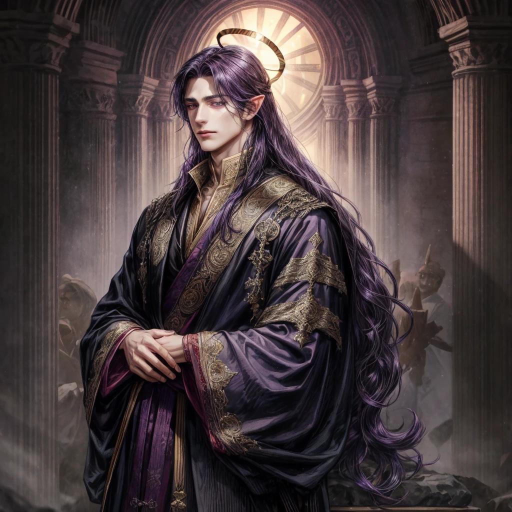 A man with dark long hair, dark purple eyes, long ears have a dark wings, wear an ancient clothes, and wear a dark halo