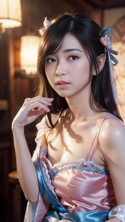 8k, RAW Photo, Best Quality, Masterpiece: 1.2), (Realistic, Photo Realistic: 1.4), {{{1girl}}},, Depth of Field, Full Body, Cinematic Lighting, princess 18 years old cute, (small ，cleavage), Beautiful Facial Features, Beautiful Body, Sweating, , Depth of Field, Skin, Ears, Pale Skin, Best Quality, Masterpiece, Illustration, an extremely deciple and beautiful, extremely detailed,CG,unity,8k wallpaper,amazing,finely detail,master,best quality,official art,extremely detailed CG unity 8k wallpaper,ridiculous,incredibly ridiculous,huge file size, super verbose, high resolution, very verbose, Beautiful detailed girl, very detailed eyes and face, beautiful detailed eyes, light on face, (Hanfu: 1.1), lace silk thin, petticoat,  white pink, blue