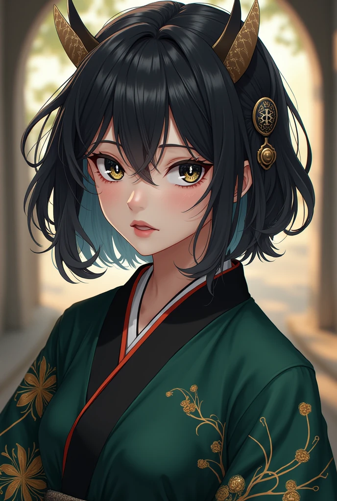 An anime character that has white scissor seven style hair with a black and brown colored quiff around it, a black and green colored version with a black and green kimono around it, with black and white colored eyes around the iris, medium long black and brown hair around the version that looks nice, that looks nice, that looks good, that looks seriously elegant and that looks older than about twenty-five years old, scissor seven version 
