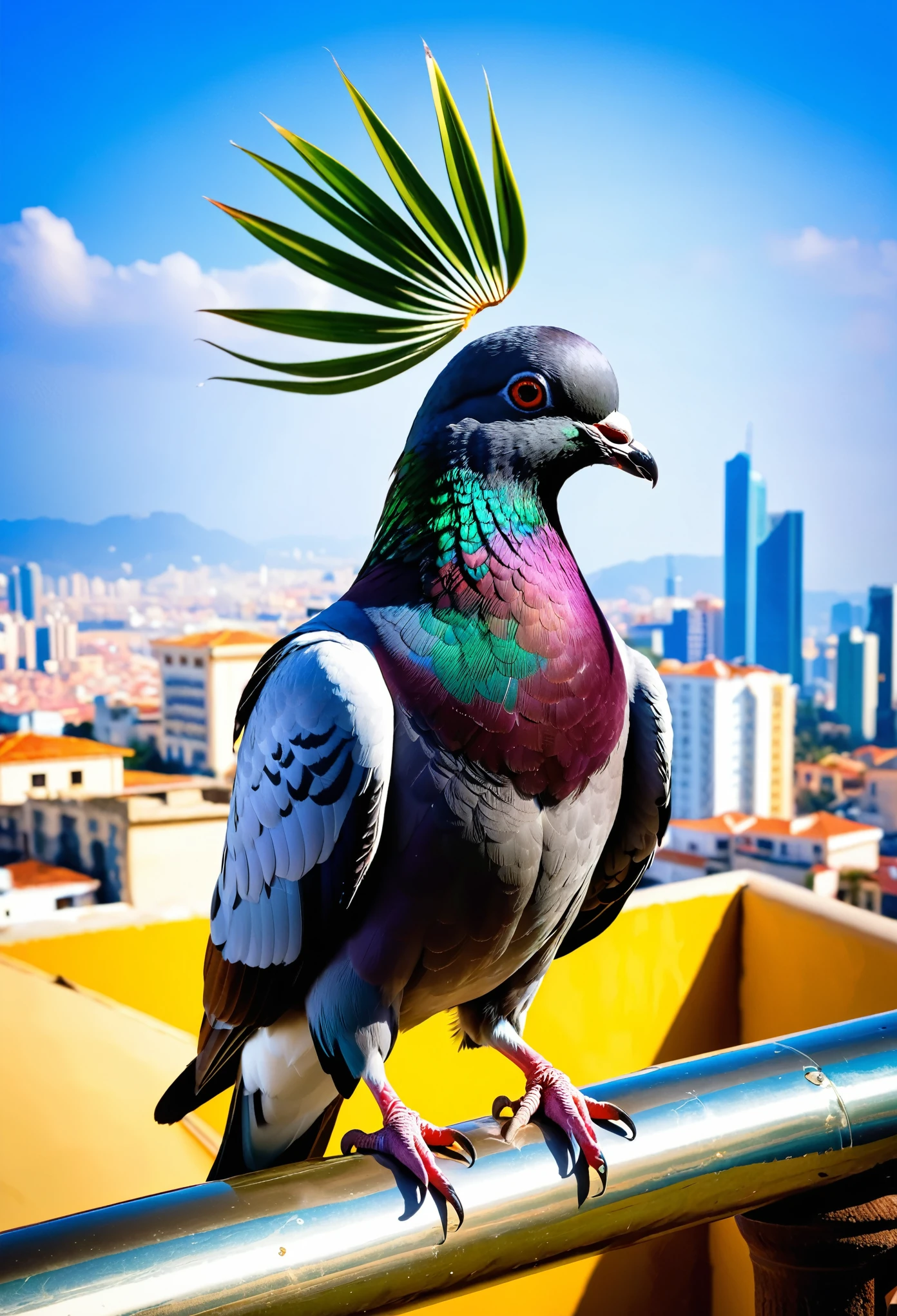 a pigeon with a palm branch in its beak above the city