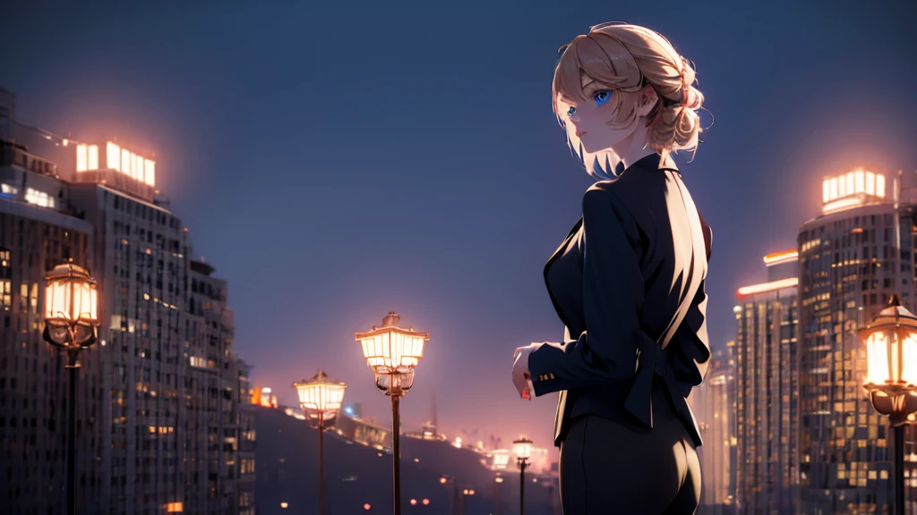1 girl, medium light gold hair, light blue eyes, wearing black suit, night city, absurdres, high res, ultrasharp, 8K, masterpiece, looking from behind