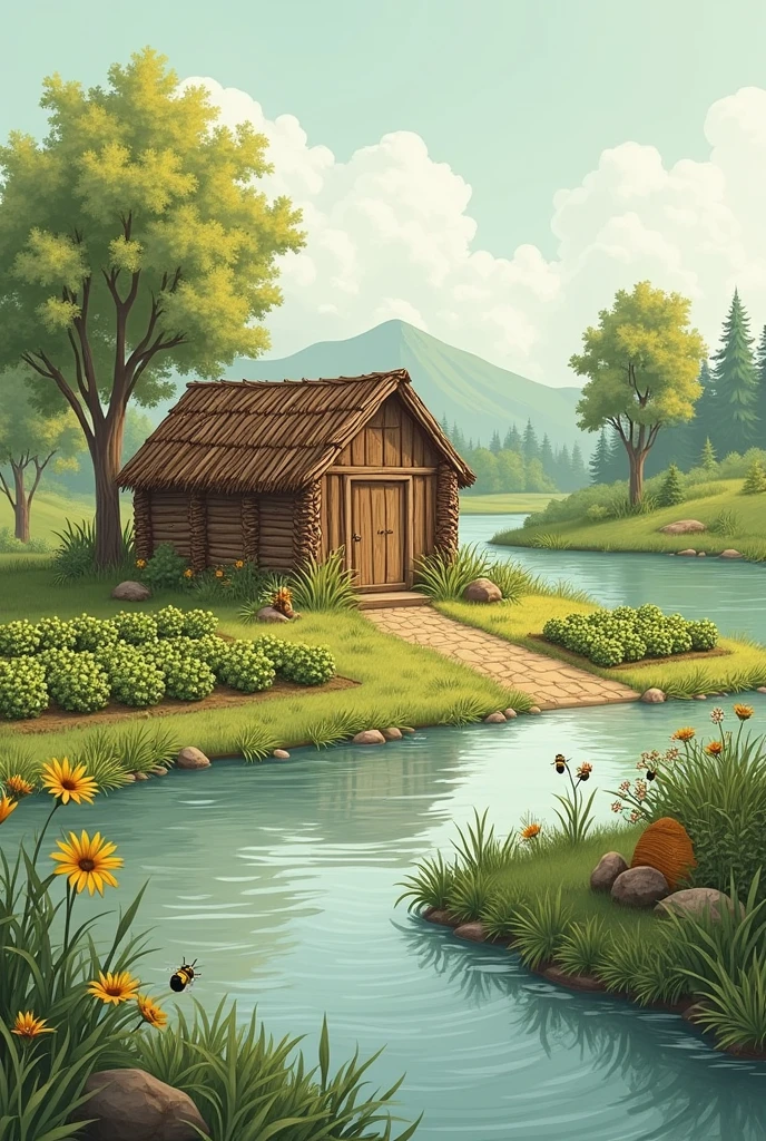 To draw a scene 

1. **A small cabin**: Draw a small, simple cabin made of clay and wattles (woven twigs). Place it in a peaceful, natural setting.

2. **Beehive**: Show a beehive nearby, symbolizing the poet's desire for self-sufficiency and connection to nature.

3. **Garden**: Include a small garden with nine bean rows, representing the poet’s simple and self-sustained life.

4. **Lake and Shore**: Draw a calm lake with its shore, which can have gentle ripples. This should be the centerpiece of the drawing.

5. **Trees**: Add a few trees around the cabin, creating a sense of solitude and tranquility.

6. **Nature's sounds**: Represent the sounds of nature, like the humming of bees or the soft lapping of the lake water, with gentle lines or symbols.

7. **Sky**: A peaceful sky, maybe with some clouds, to convey the serenity of the scene.
