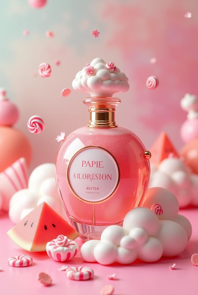 Watermelon and candy perfume, jar with cloud and candy world design, bottle with elegant and luxury