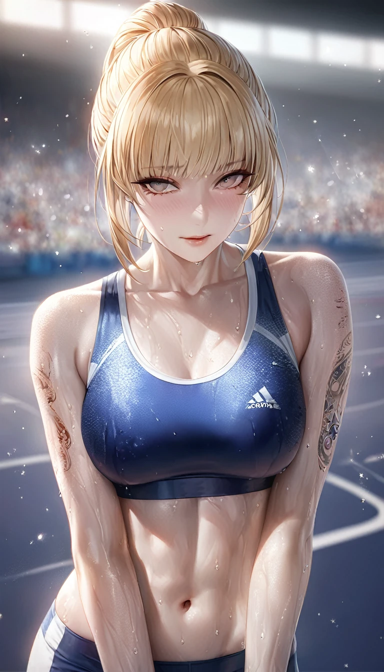 female track and field athlete, blonde up-hair, make-up, amorous and lewd face, superlative body proportion, covered in tattoos, track and field uniform, abs, warming up, shading effects, gradation magic effects, foggy filter effects, glitter effects, (ultra detailed, absolutely resolution, best quality:1.3), 2.5D, delicate and dynamic, artistic photography, hyper realistic, graphic CG digital art