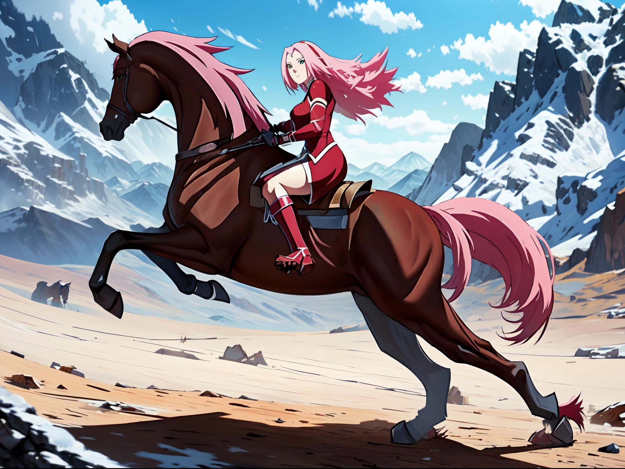 ((best quality)), ((anime masterpiece)), (high detailed), 8k, cinematic lighting, anime screencap, HDR, vivid color, a female knight riding a BROWN HORSE, (haruno sakura, medium hair, {pink hair}, medium , cleavaermined face, (red armor, red gauntlet, red miniskirt, red boots), mountains, outdoor, open field, ((from side: 1.2)), anatomically correct