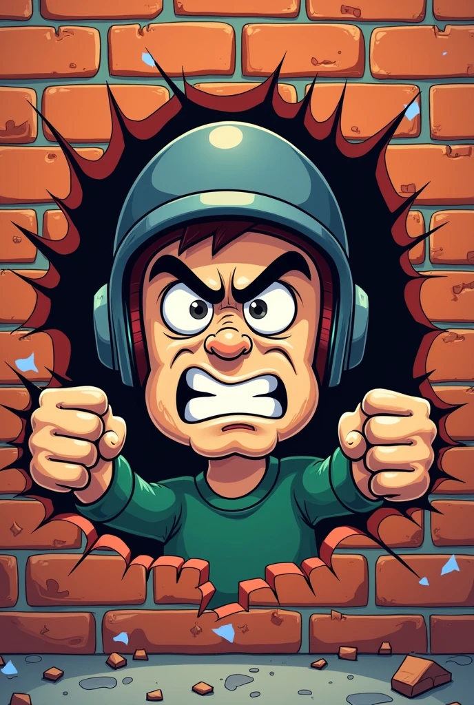 man breaking the brick wall with helmets on the head, cartoon style,head only, without body, je form just like want to put from bricks wall, angry gace and hes hand tear the wall