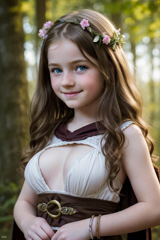 ((high resolution)), ((pale skin)), freckled, brunette (8 :1.4), girl, with blue eyes, blushing cheeks, wavy hair, smiling, large breasts, as a fantasy druid