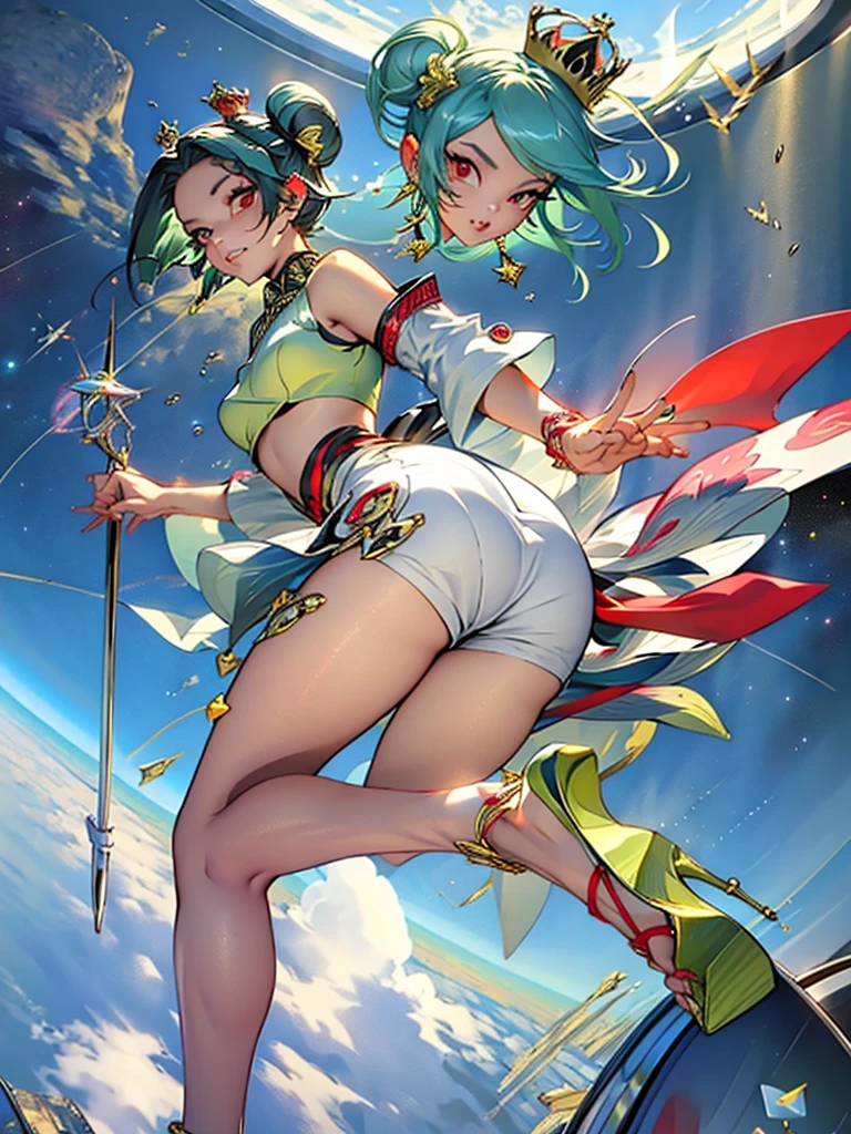 ((masterpiece, top quality, super definition, high definition)), solo, beautiful girl, green crop top, green high heels, booty shorts, crown, space buns, thigh high, gold anklet, five fingers, staff, red eyes