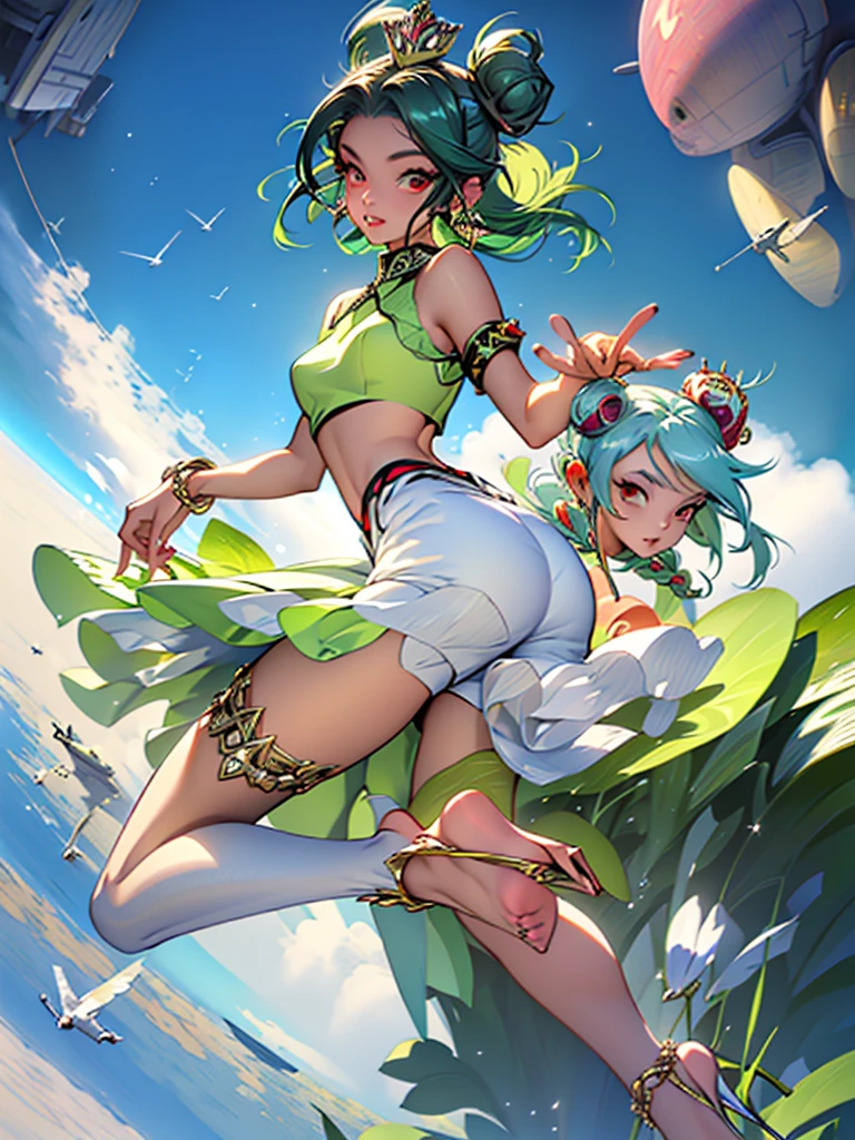 ((masterpiece, top quality, super definition, high definition)), solo, beautiful girl, green crop top, green high heels, booty shorts, crown, space buns, thigh high, gold anklet, five fingers, staff, red eyes
