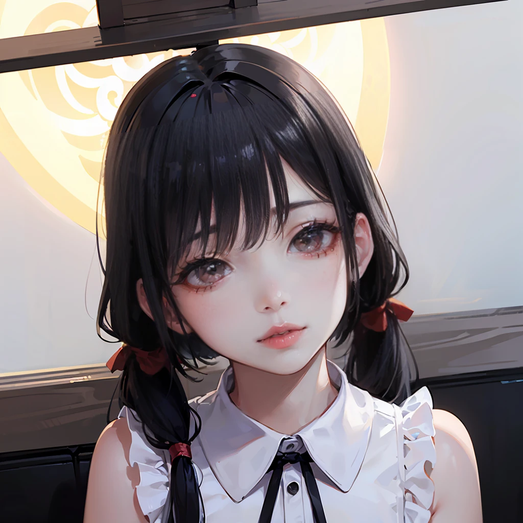 (8k, RAW Photos, Very delicate and beautiful, Ultra-high resolution, Highest quality, masterpiece: 1.2), (Real、Photorealistic: 1.4), (Highly detailed 8K wallpapers, 3d), Cute girl like a doll, highly detailed dress, Gothic, ta, Big red ribbon, Highly detailed twintails, Blunt bangs, Lustrous black hair, Transparent white skin, Pink Cheeks, large, round eyes, Tear bags, Long eyelashes, Thin lips, slightly raised corners of the mouth, round face, From above, Looking at the camera, The best light, Perfect composition,