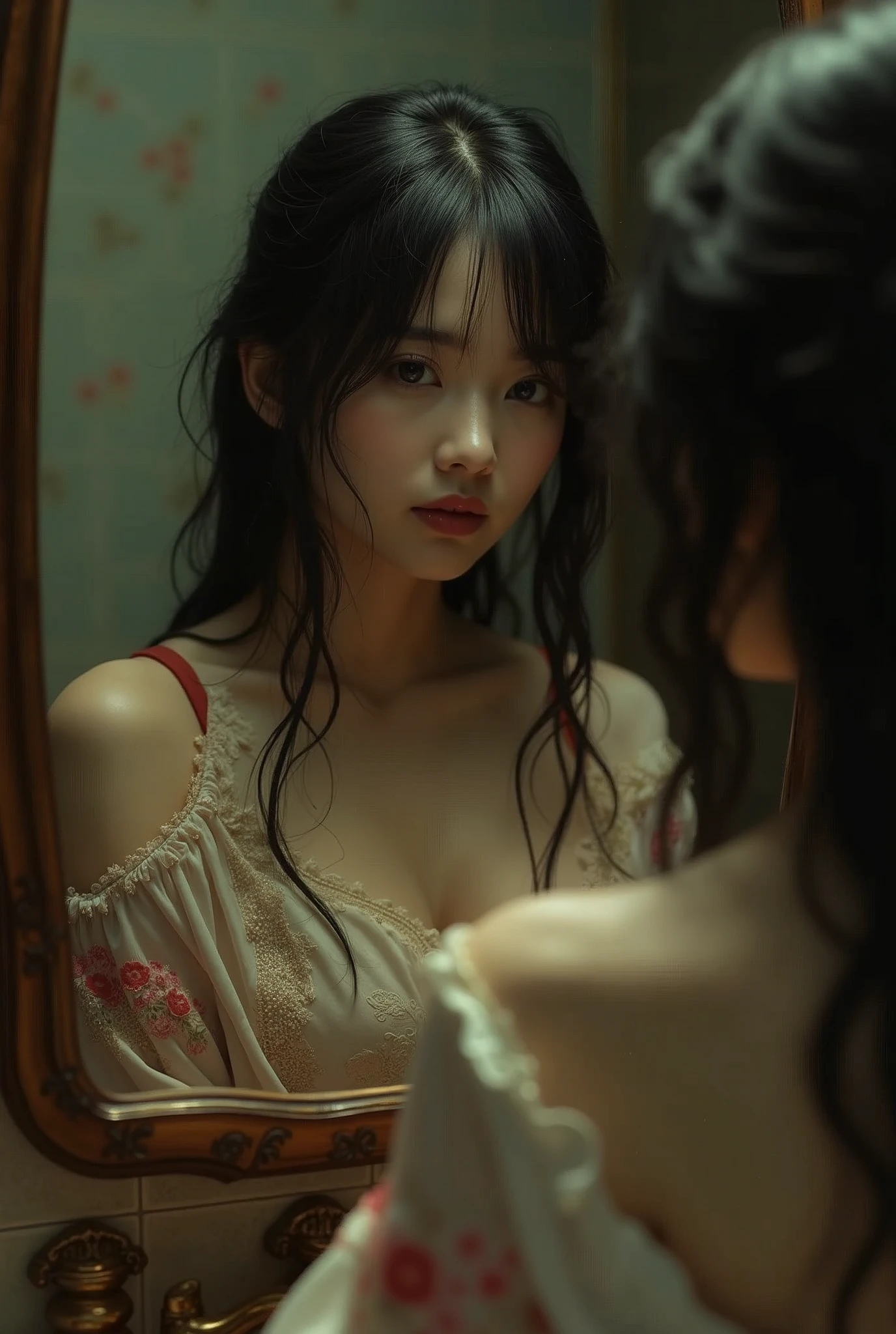 Seductive Japanese woman in bathroom in front of mirror