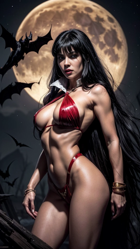 Vampirella sexually vestindo um maiô vermelho profundo, ((Full moon and bats background)) , oily shiny skin, Eyes red, hot and fit body, naughty, slutty, camel fingers , detailedeyes,  provocative, sexually, naughty, big happy , realisitic, HDR, ultra HD, dynamic, from the front view, dark outside. moonlights,A picture of the head of Vampirella,long black hair,"head and shoulders portrait, 8k resolution concept art portrait by Greg Rutkowski, Artgerm, WLOP, Alphonse Mucha dynamic lighting hyperdetailed intricately detailed Splash art trending on Artstation triadic colors ,volumetric bright  lighting"
