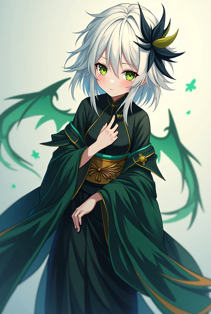 An anime character that has white scissor seven style hair with a tuft style with black and brown around the version with black and green colors with a black-green kimono around with black and white eyes around the iris medium-long hair black and brown around the version with that looks nice that looks good with black shoes that looks seriously elegant and that looks older than about twenty-five years old green phoenix version 
