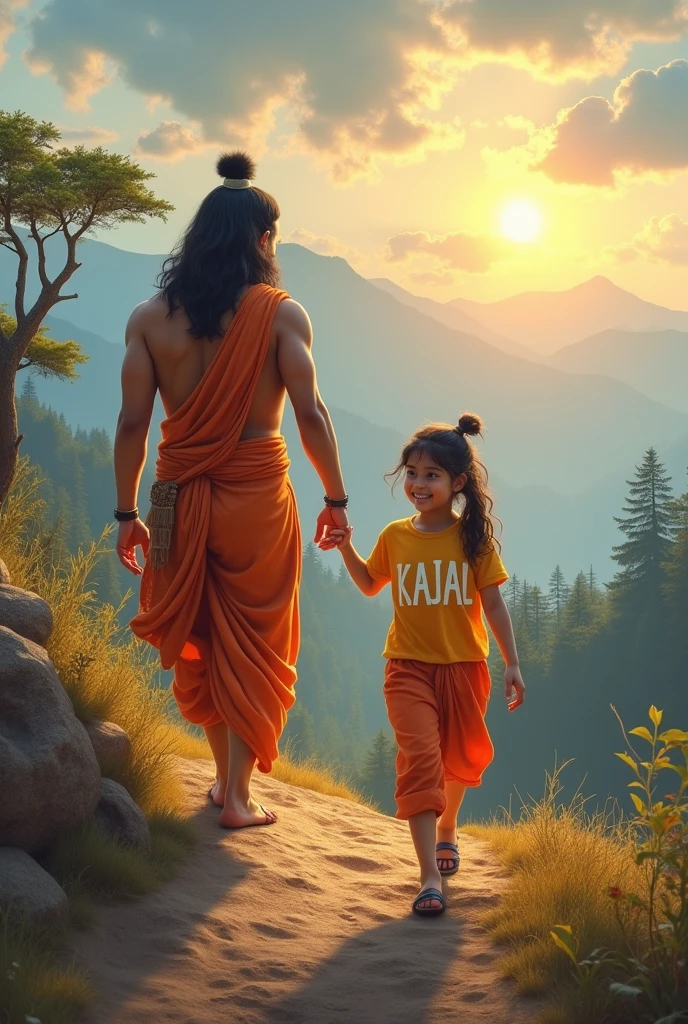  girl walking and hanuman coming after her and hanuman's hand putting on girl head on mountains. Both are smiling. girl is wearing saffron t-shirt and name "KAJAL" write on it with bold. he looks very realistic, cute, tilak Deccan on your head, and happy. very realistic pictures, high quality picture, realistic mountain, forest moment.sun lights reflection , the words"JAI SHREE RAM" write top Sky. make sure text must be correct & correct.