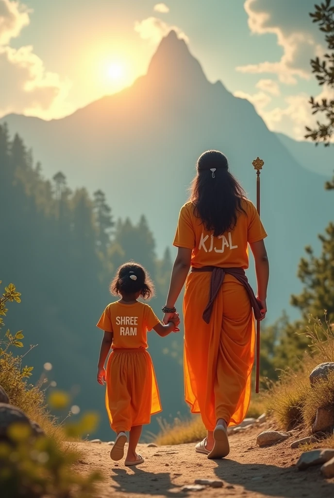 years old girl walking and hanuman coming after her and hanuman's hand putting on girl head on mountains. Both are smiling. girl is wearing saffron t-shirt and name "KAJAL" write on it with bold. he looks very realistic, cute, tilak Deccan on your head, and happy. very realistic pictures, high quality picture, realistic mountain, forest moment.sun lights reflection , the words"JAI SHREE RAM" write top Sky. make sure text must be correct & correct.