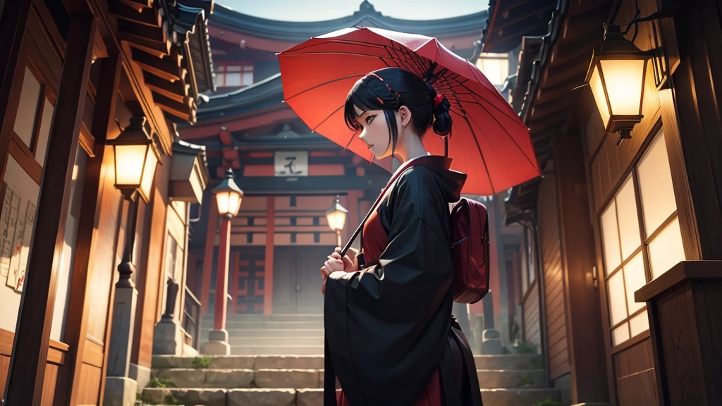 there is a anime standing on a set of steps with an umbrella, takato yomamoto.  inspired by Torii Kiyomoto, japanese art style, inspired by Torii Kiyomitsu, inspired by Torii Kiyomasu, inspired by Kōshirō Onchi,