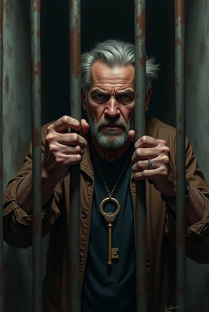 "A man is confined in a jail cell, his hands grasping the key to the cell door. The scene conveys a sense of desperation and hope as the key hangs just out of reach, highlighting the contrast between freedom and captivity."