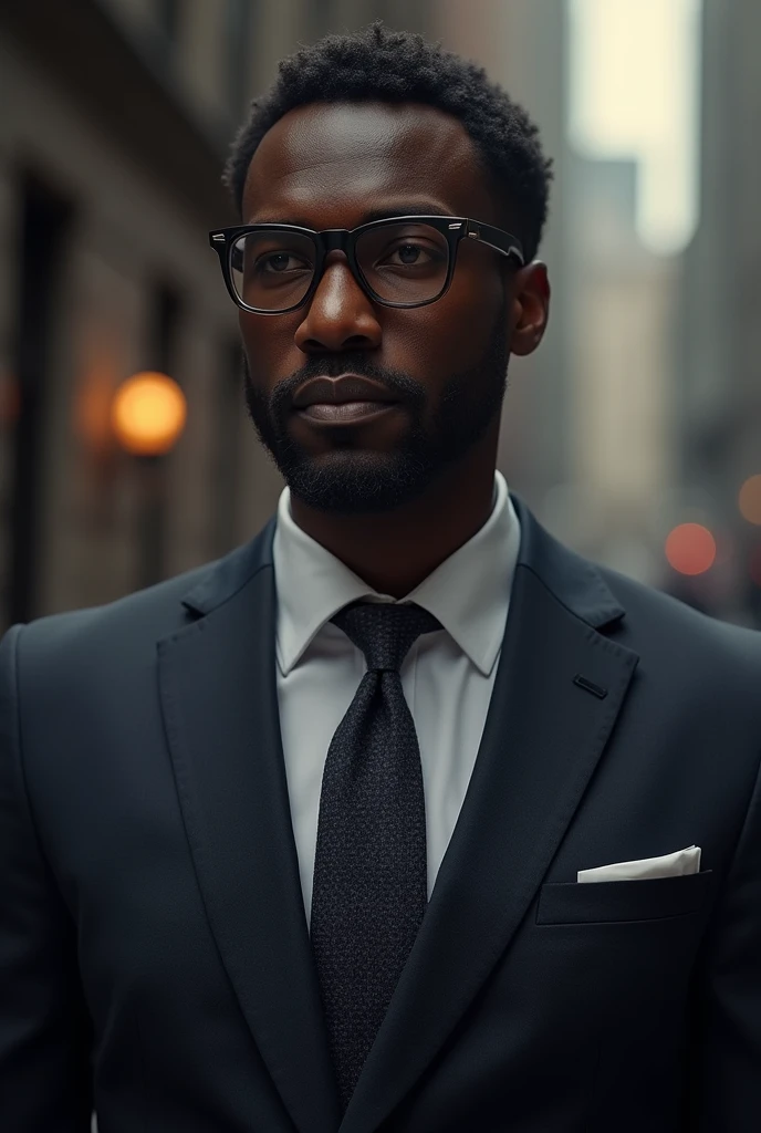 A dark-skinned man wearing glasses and a suit