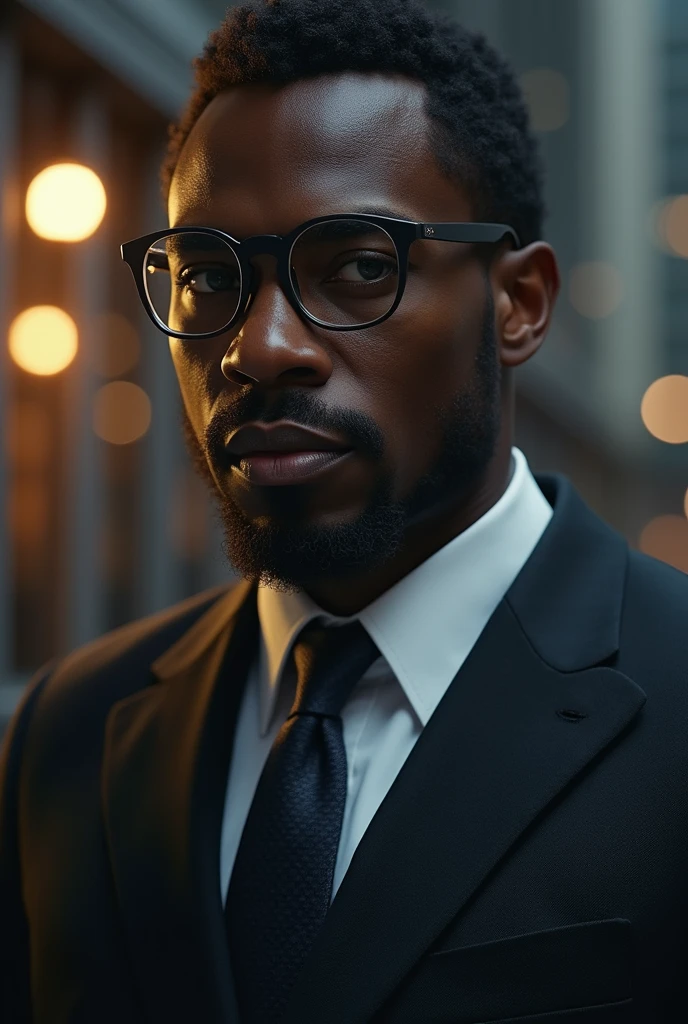 A dark-skinned man wearing glasses and a suit