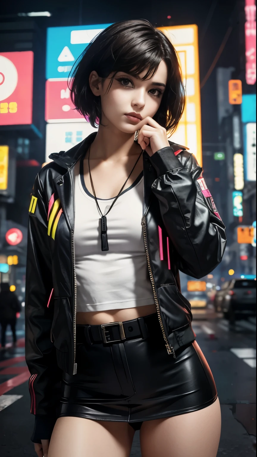 best qualityer,beautiful woman with medium hair, cyberpunk style short clothes, Accurate shot