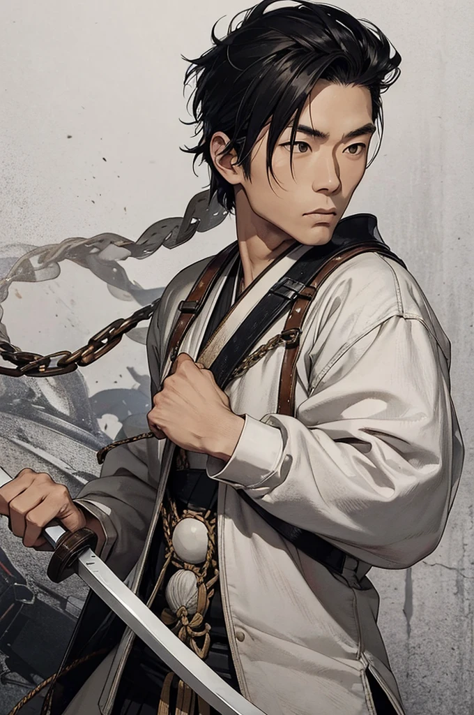 a Japanese MAN biker dressed in white and carrying a chained wooden sword