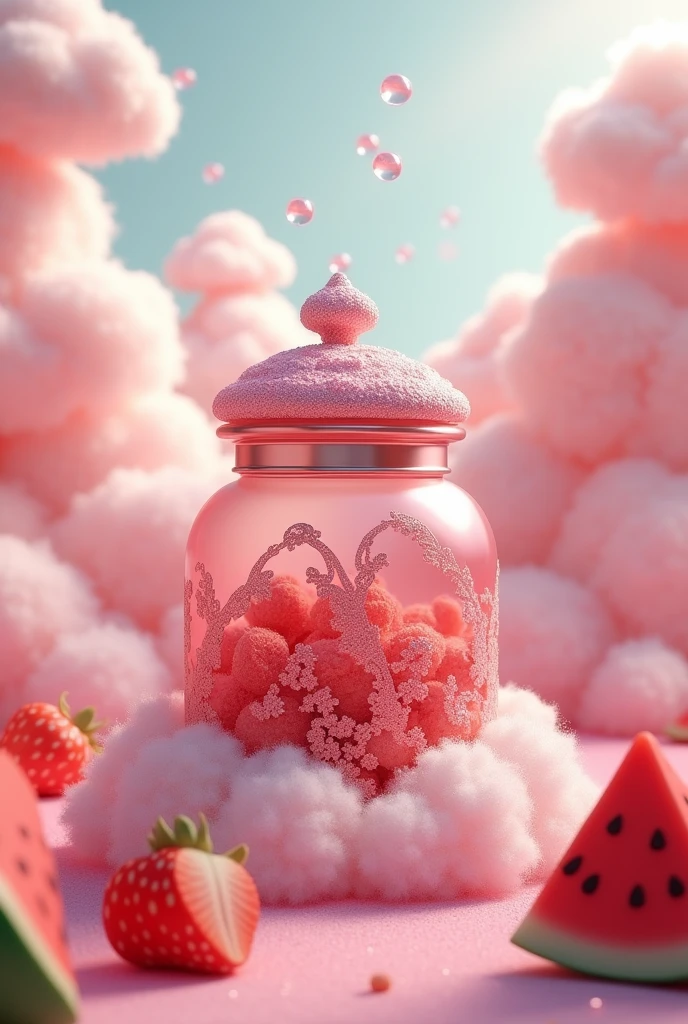 Watermelon and candy perfume, jar with cloud and candy world design, bottle with elegant and luxury, elegant color