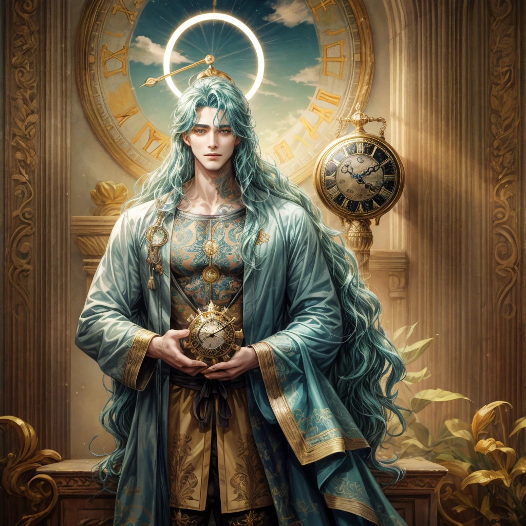 A man with cyan wavy long hair and yellow pupils, wear an ancient clothes and have a clock tatoo, wear a halo, holding a sand clock