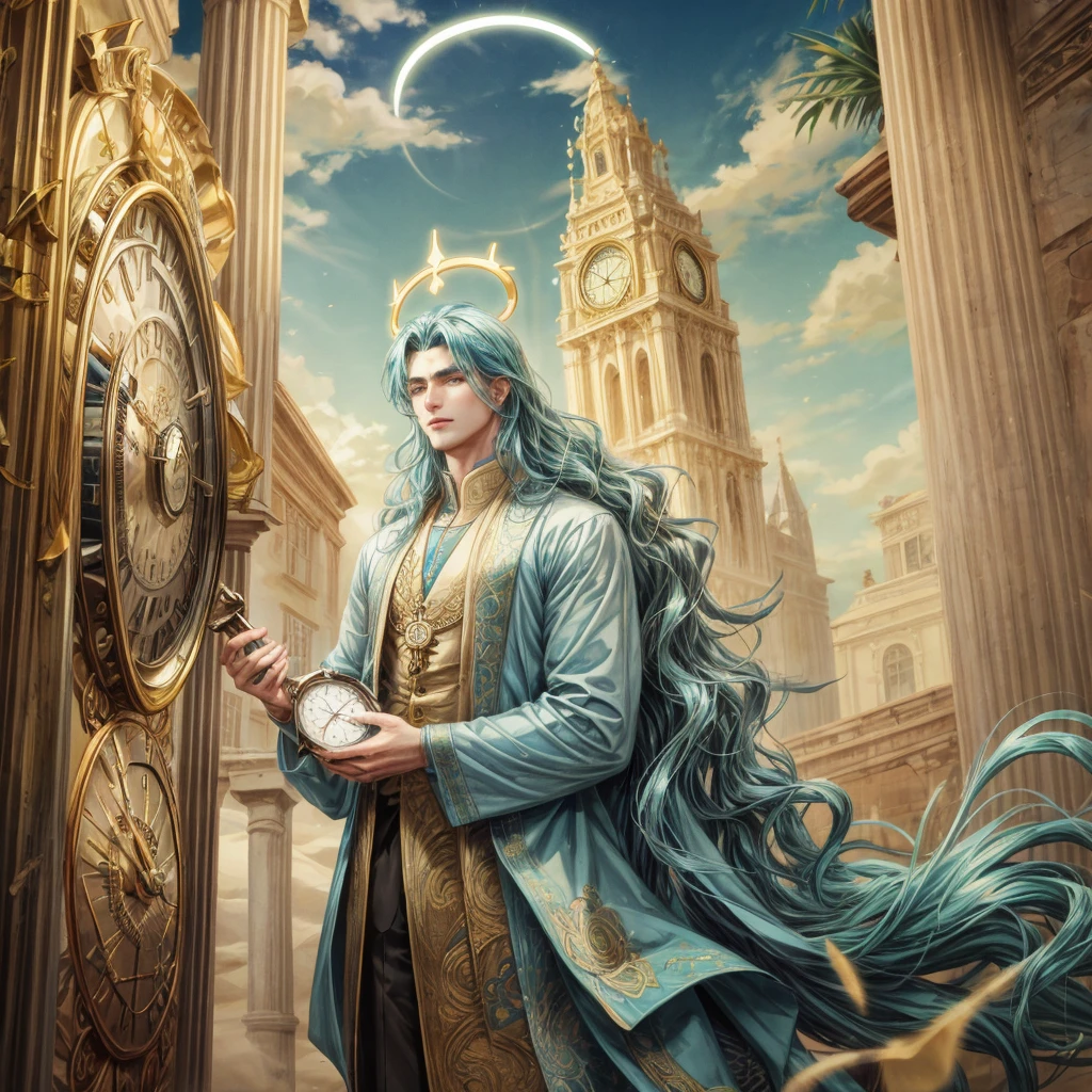 A man with cyan wavy long hair and yellow pupils, wear an ancient clothes and have a clock tatoo, wear a halo, holding a sand clock