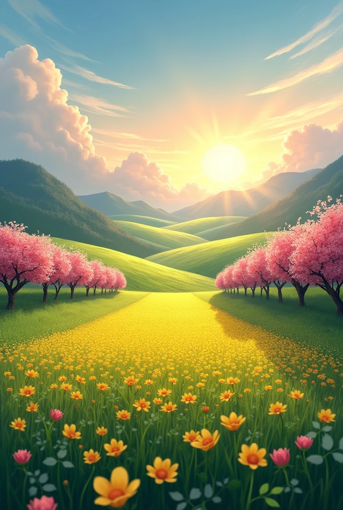 Blue sky.. white and blue cloud.green mountain and trees.. middle in yellow flowers.sunset touch sky blue flower .middle long pink roses two