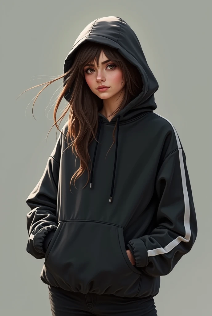 1 woman , Wear a black and white hoodie , A little bit realistic