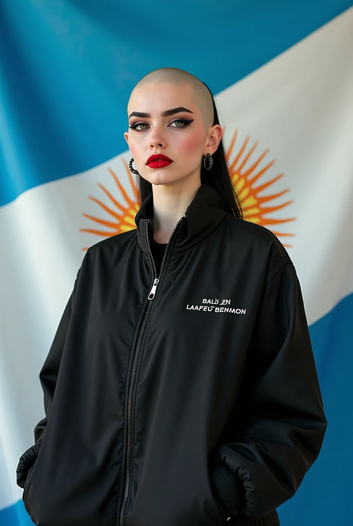 Argentine flag and the LGBT community and that there is a bald white-skinned girl with black hair, black eyebrows with red makeup and black eyeliner. Clothing style that is loose and large, urban style 