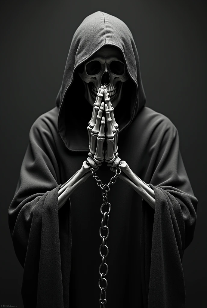 Skeleton holding hands in prayer, wearing a cult-like robe, with a chain on one hand. Medium close-up, black tone, dark background, aspect ratio 1.:1